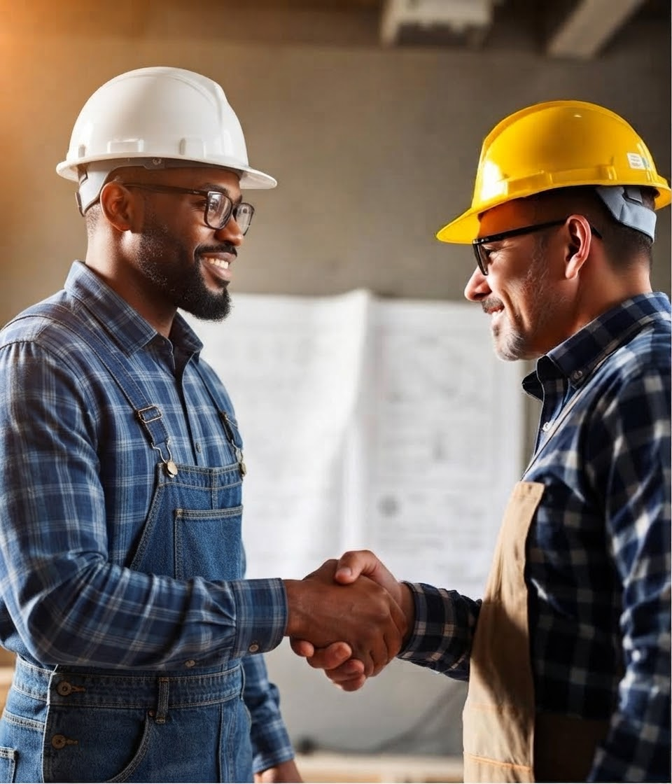 Two construction workers in hard hats shaking hands over blueprints