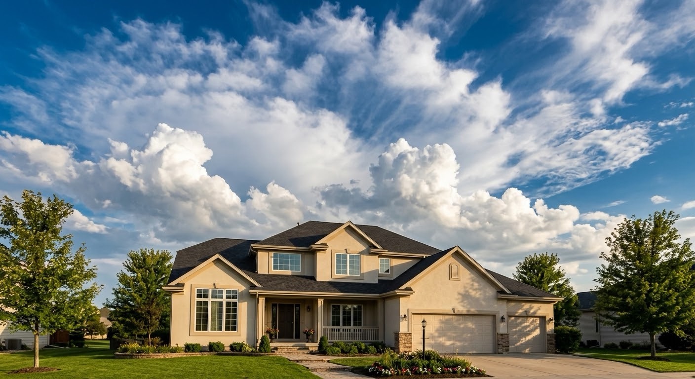 Two-story cream and tan residential home with dark roof and green lawn under a bright cloudy sky, built by Covenant Construction