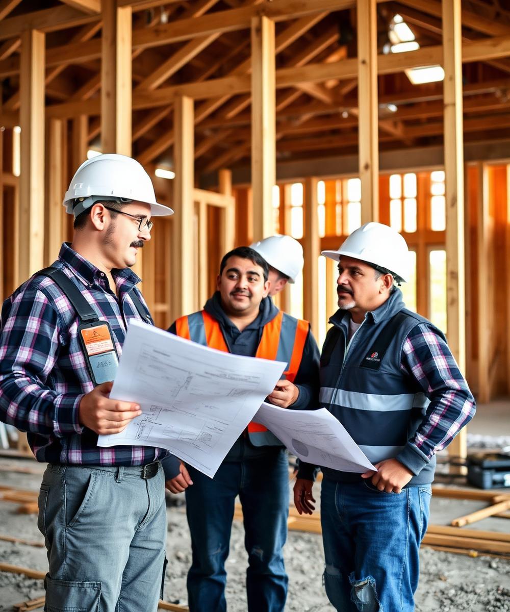 Construction team reviewing blueprints on site